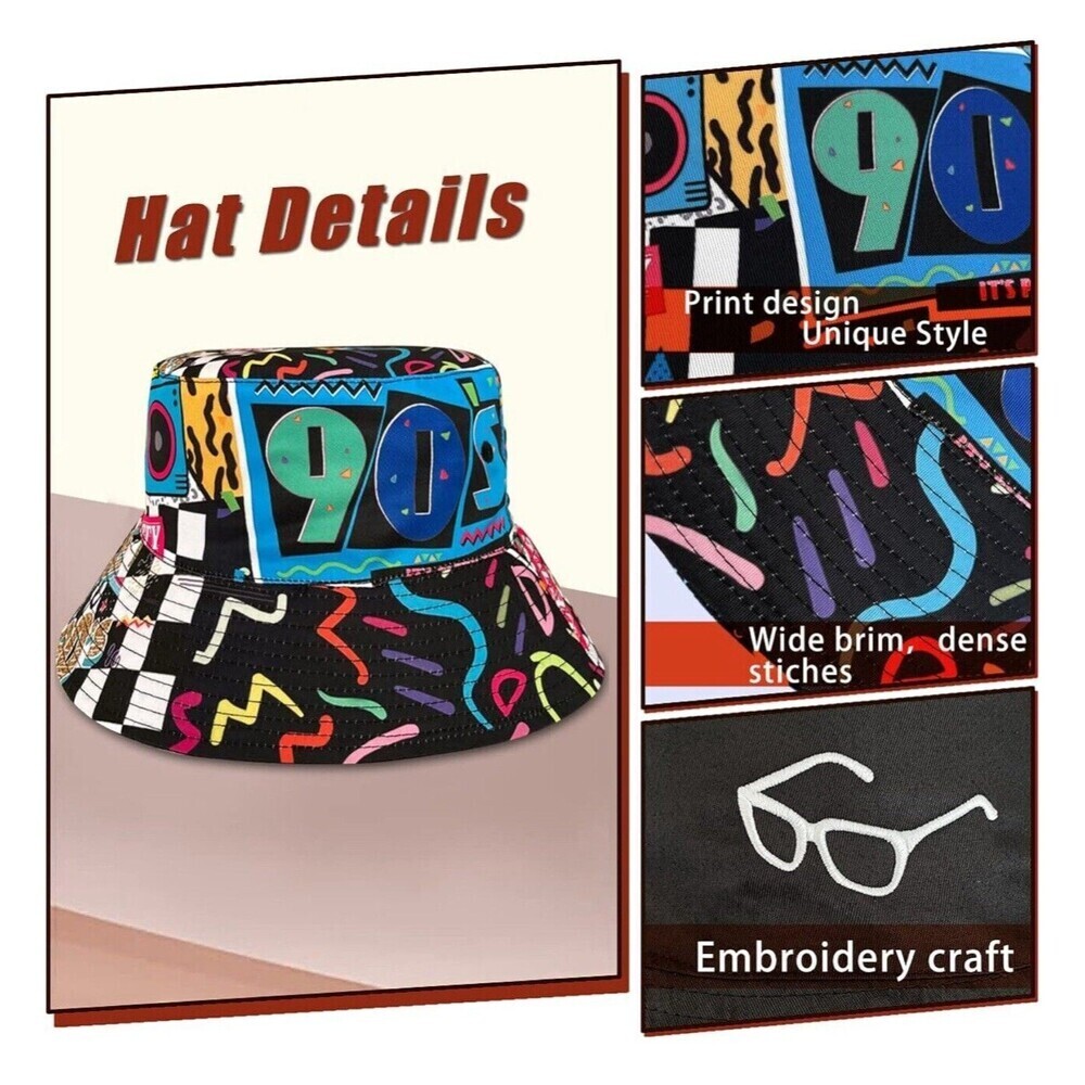 BUCKET HAT I LOVE THE 90'S & REVERSIBLE BLACK WITH EMBROIDERED SUNGLASSES - Picture 10 of 10